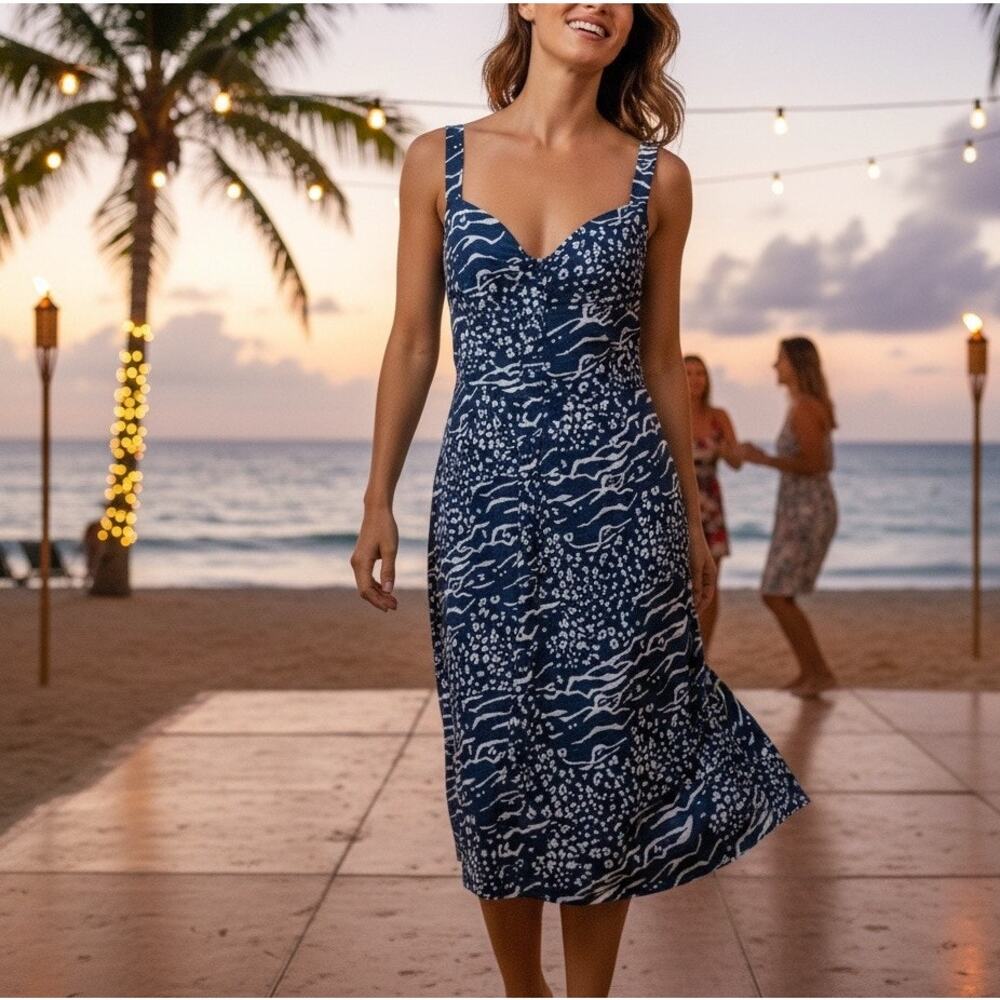 Tanya Taylor Blue Tropical Midi Dress SIZE 16 Linen Sundress Designer $500